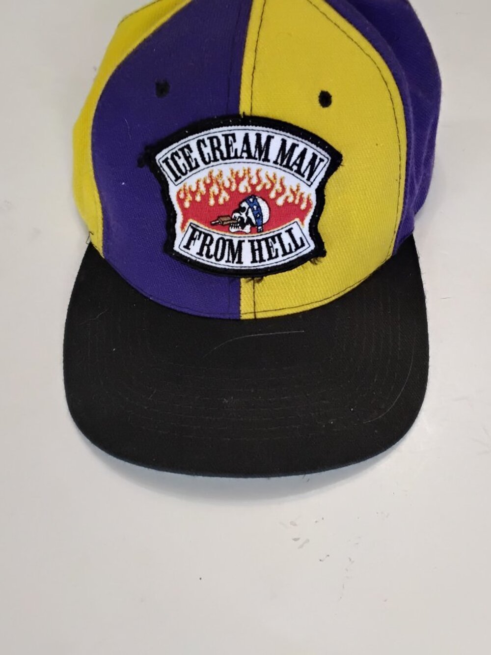 Vintage 90s Ice Cream Man From Hell Biker Snapback Hat - Purple & Yellow Color B